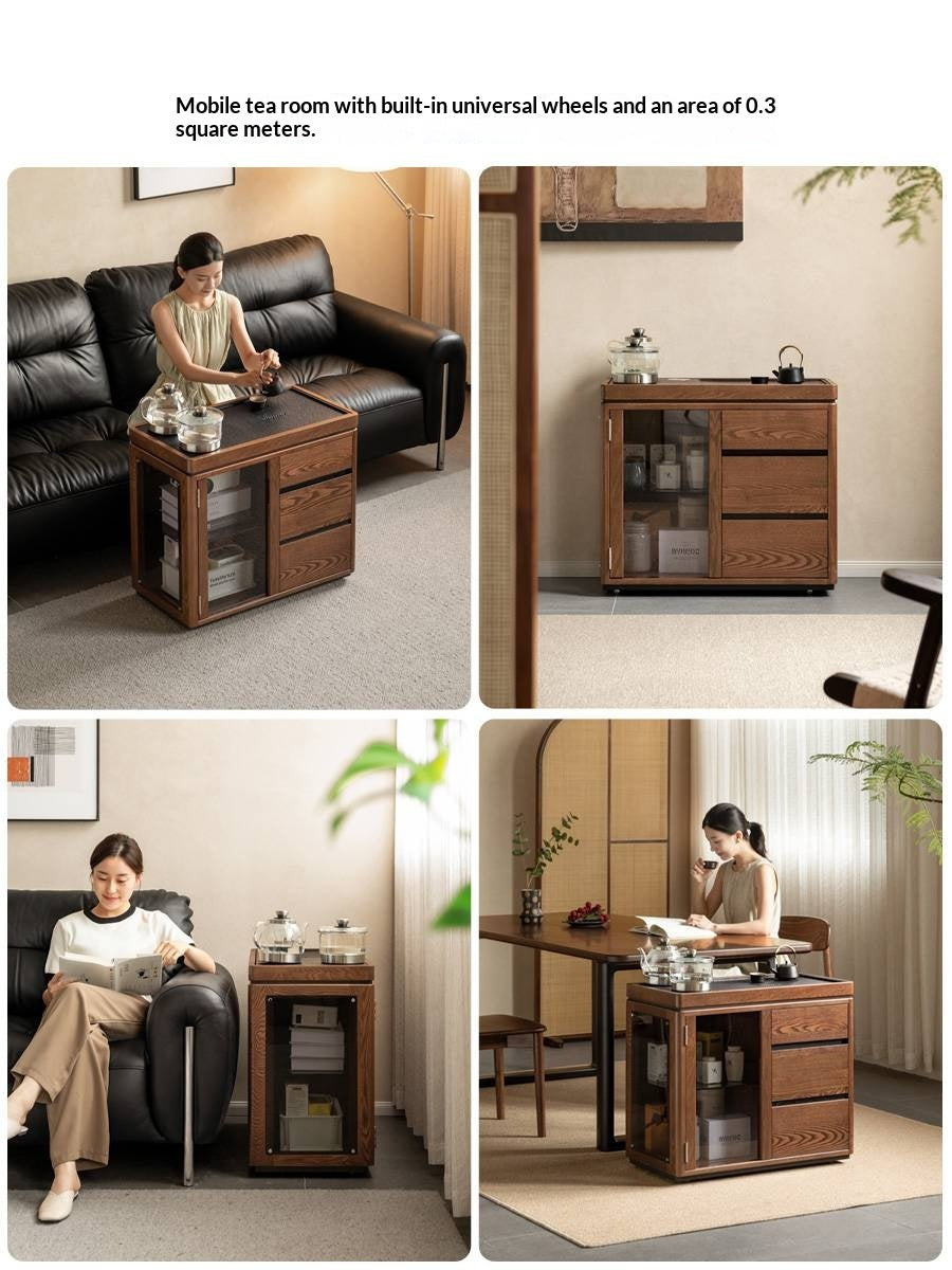 Ash Solid Wood Mobile Tea Cabinet Kettle Integrated