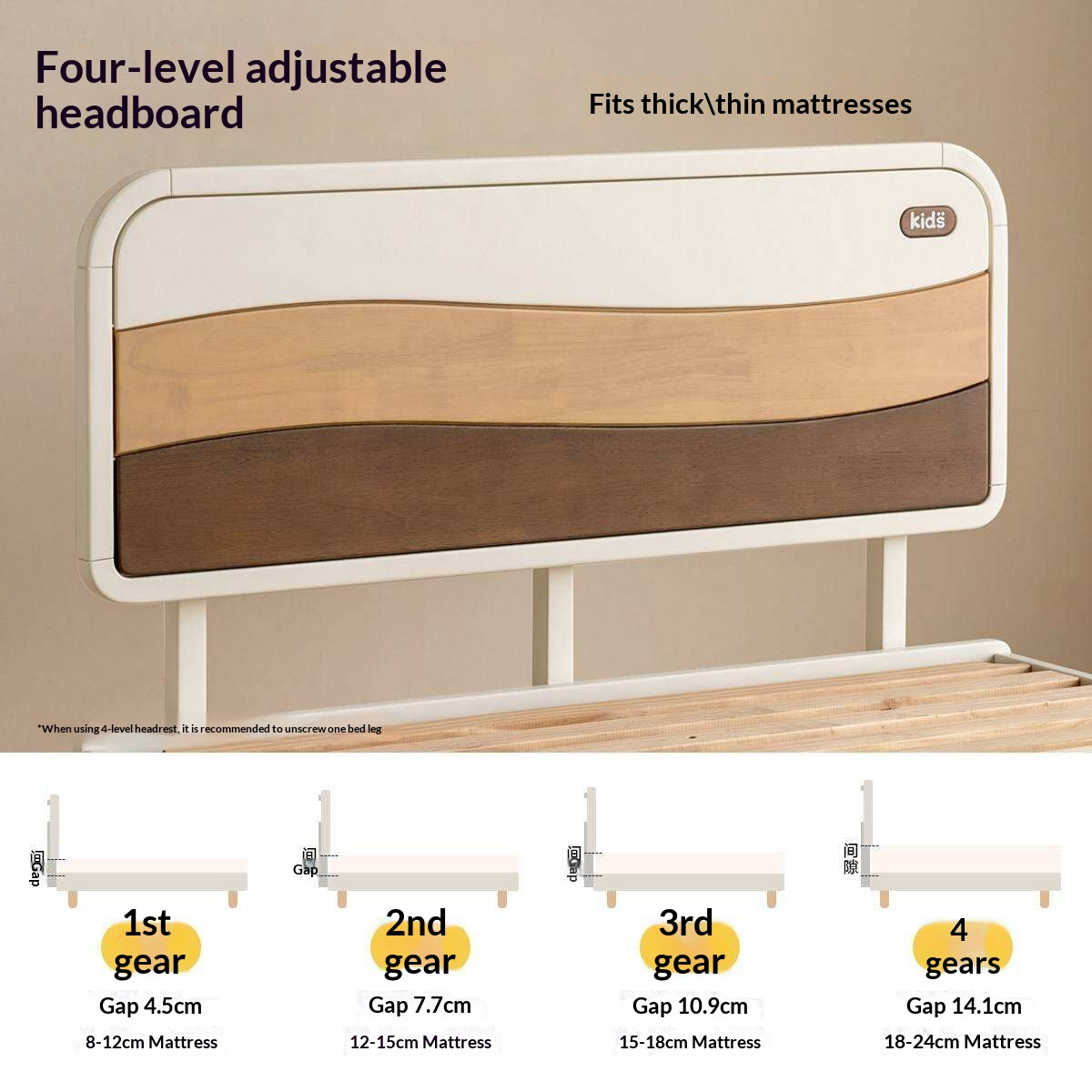 Rubberwood Solid Wood Kids Montessori Platform Bed with Adjustable Headboard, Warm White