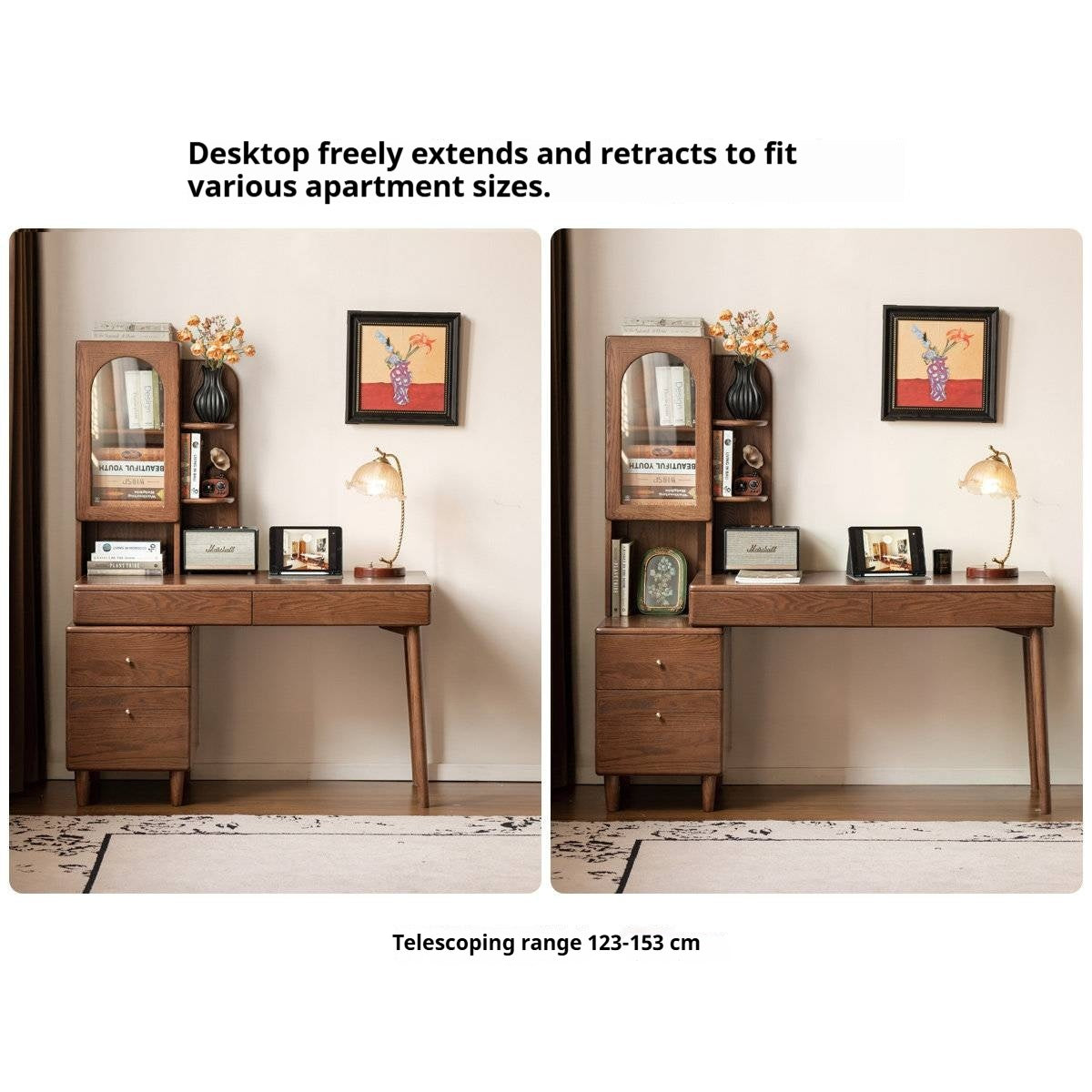 Oak Solid Wood Telescopic Desk with Integrated Bookshelf