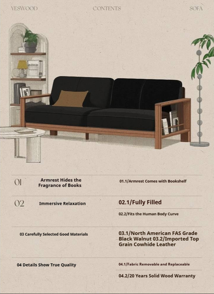 Black Walnut Solid Wood Leather Sofa