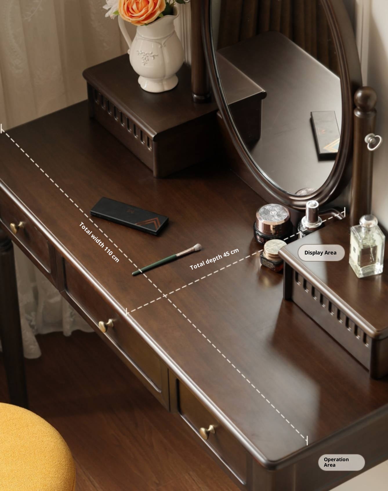 Tulipwood Solid Wood American Retro Style Vanity Table with Makeup Mirror