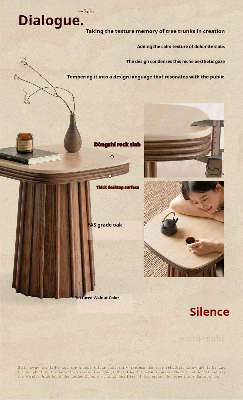 Oak Solid Wood Square Side Table with Silent Style and Rock Slab Design
