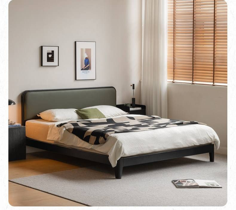 Rubberwood Solid Wood Bed — Modern Minimalist Design with Black Soft Headboard