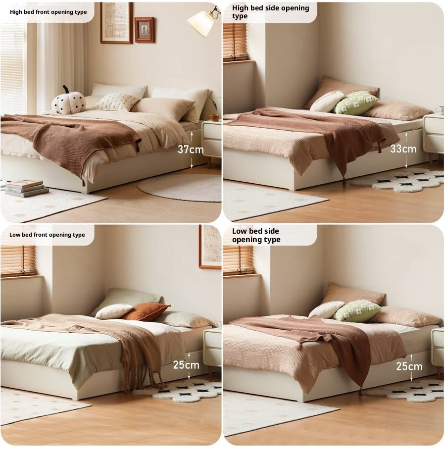 Rubberwood Solid Wood Platform Bed, Headboard-Free Box Bed Cream Style