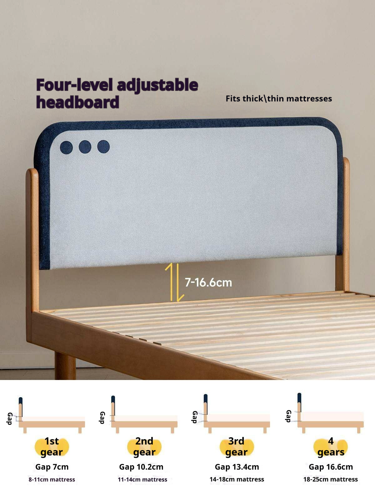 Beech Solid Wood Kids Montessori Platform Bed with Upholstered Headboard