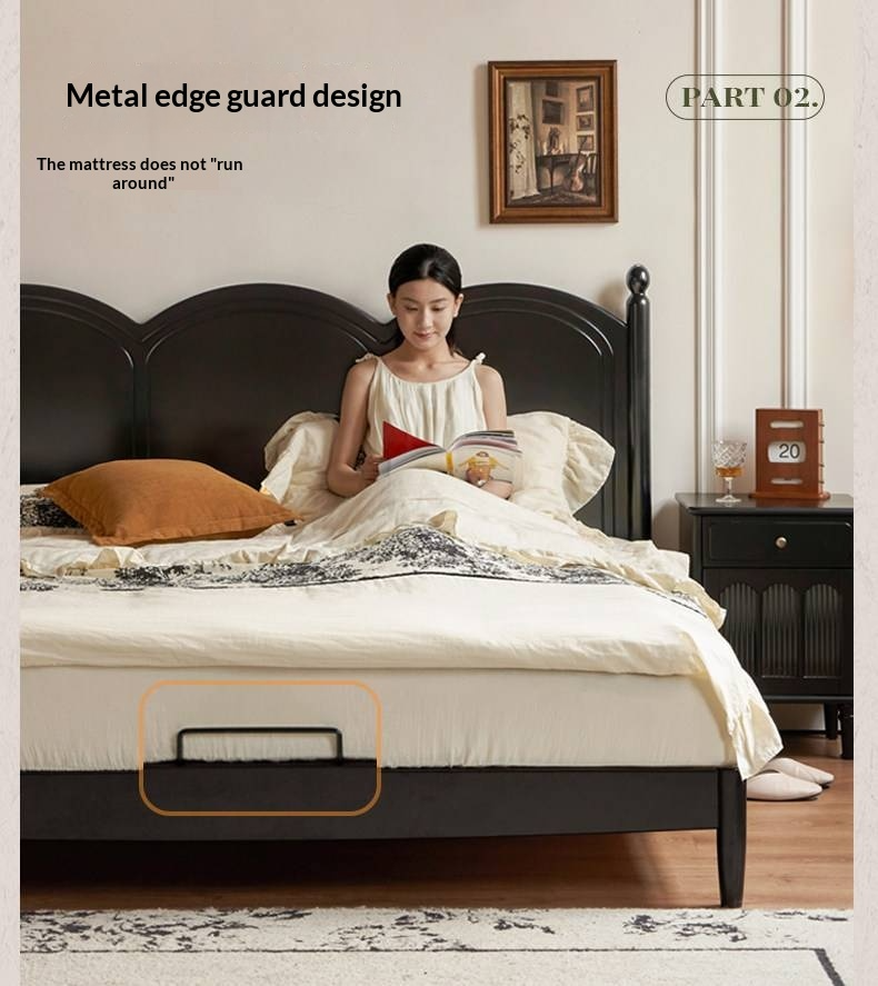 Rubberwood Solid Wood Bed — French Vintage Style, Large Slab Bed