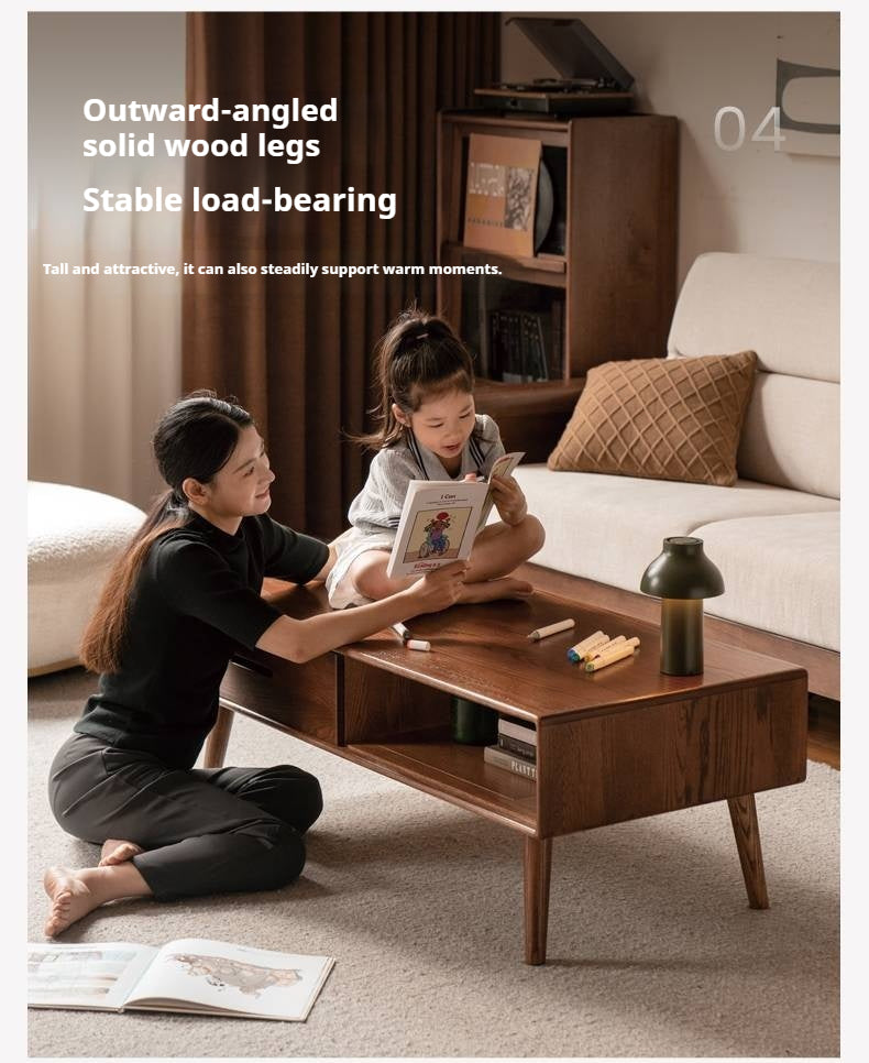 Oak, Solid Rubberwood Two-Drawer Coffee Table Walnut Color