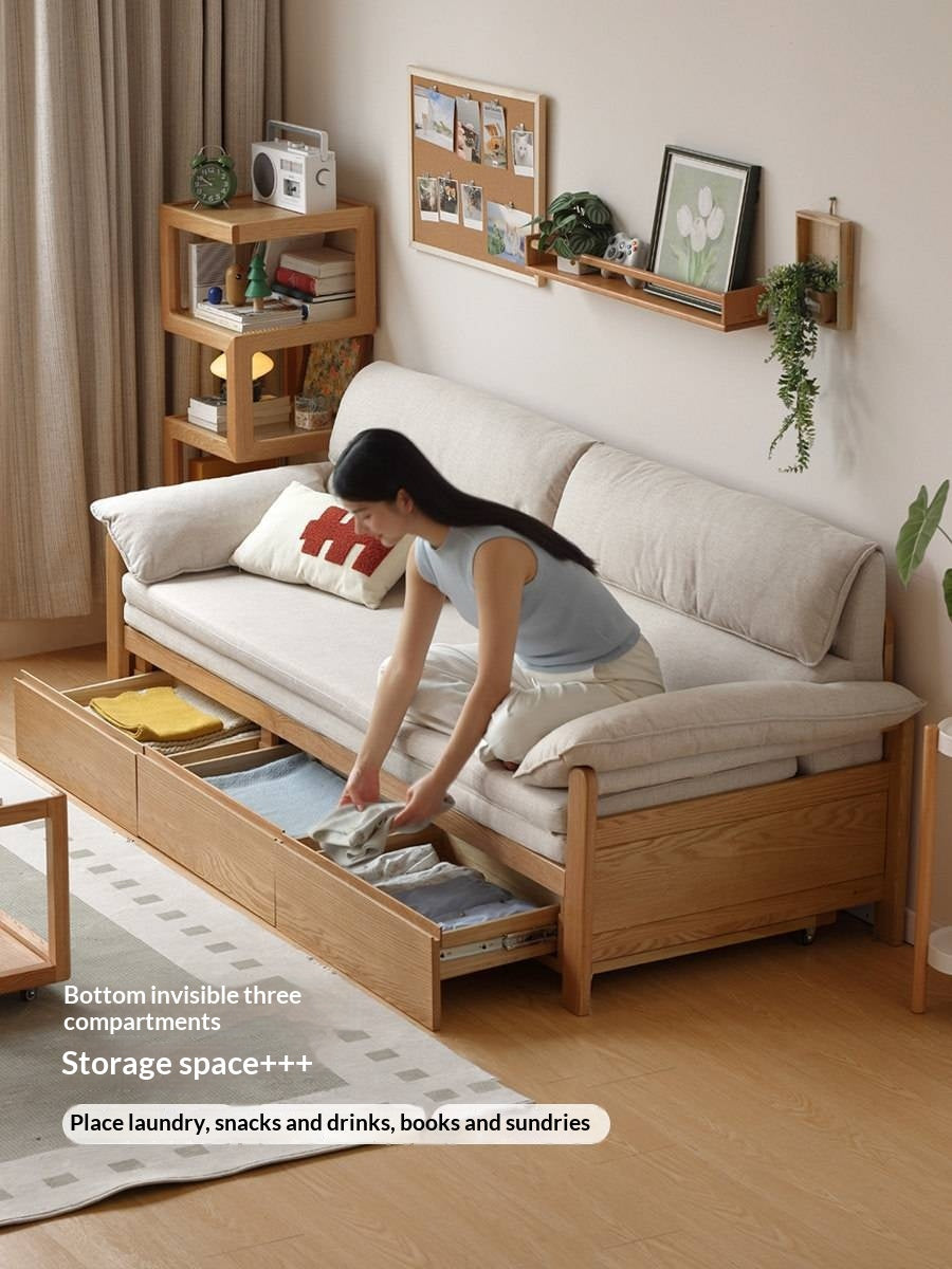Oak Solid Wood Sofa Bed with Under-Seat Storage Drawers