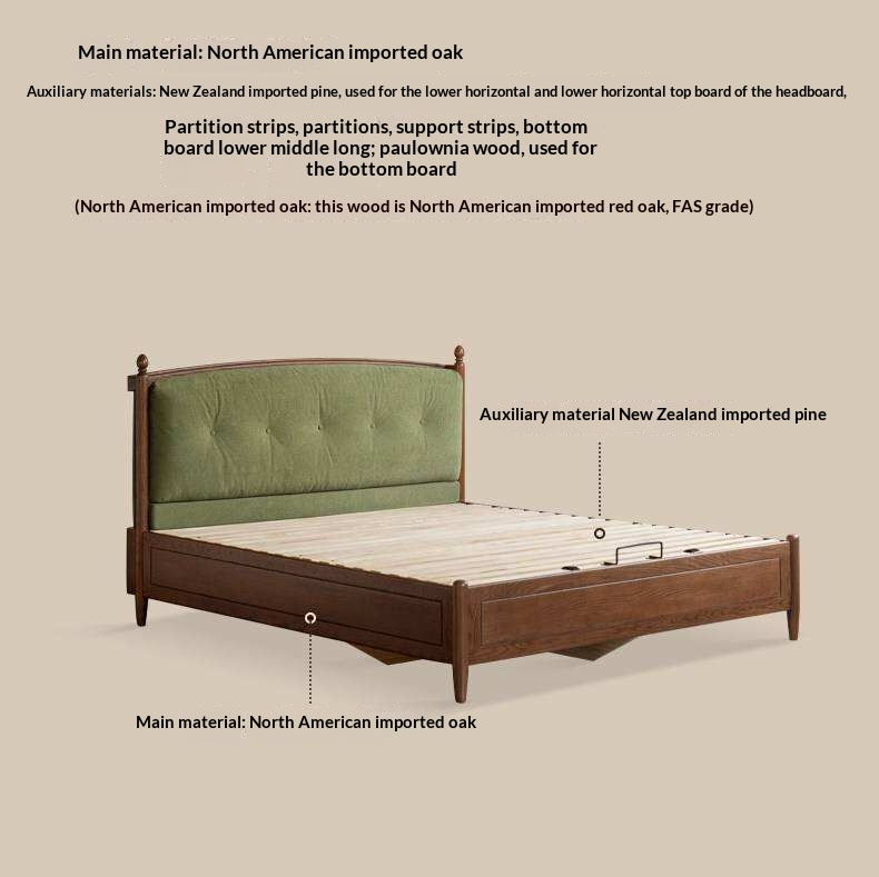 Oak Solid Wood French Country Tufted Storage Bed with Gas Lift and Turned Posts