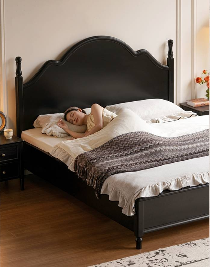 Rubberwood Solid Wood Bed American Retro Black Style