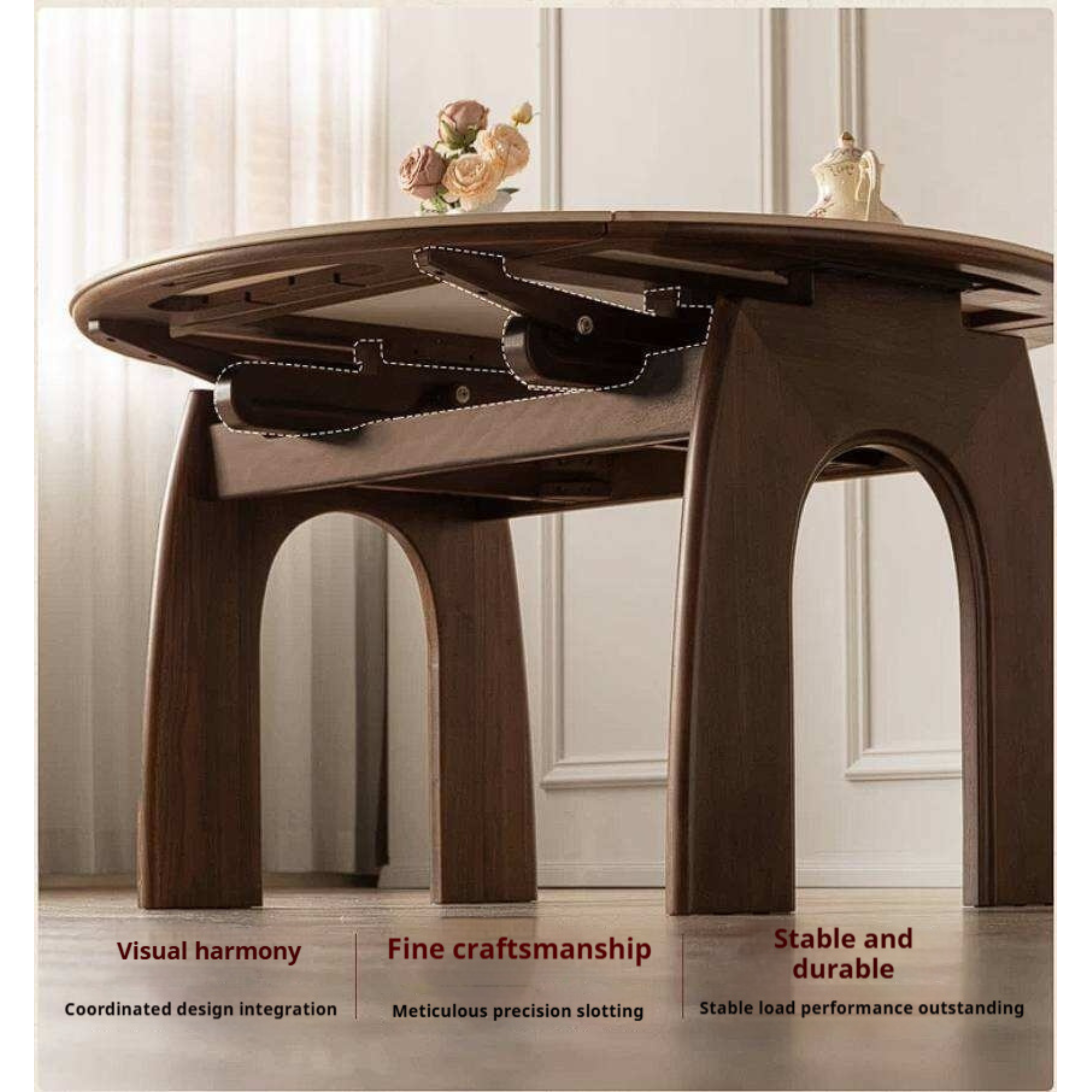 Black Walnut, Ash Solid Wood Extendable Round Dining Table with Curved Legs