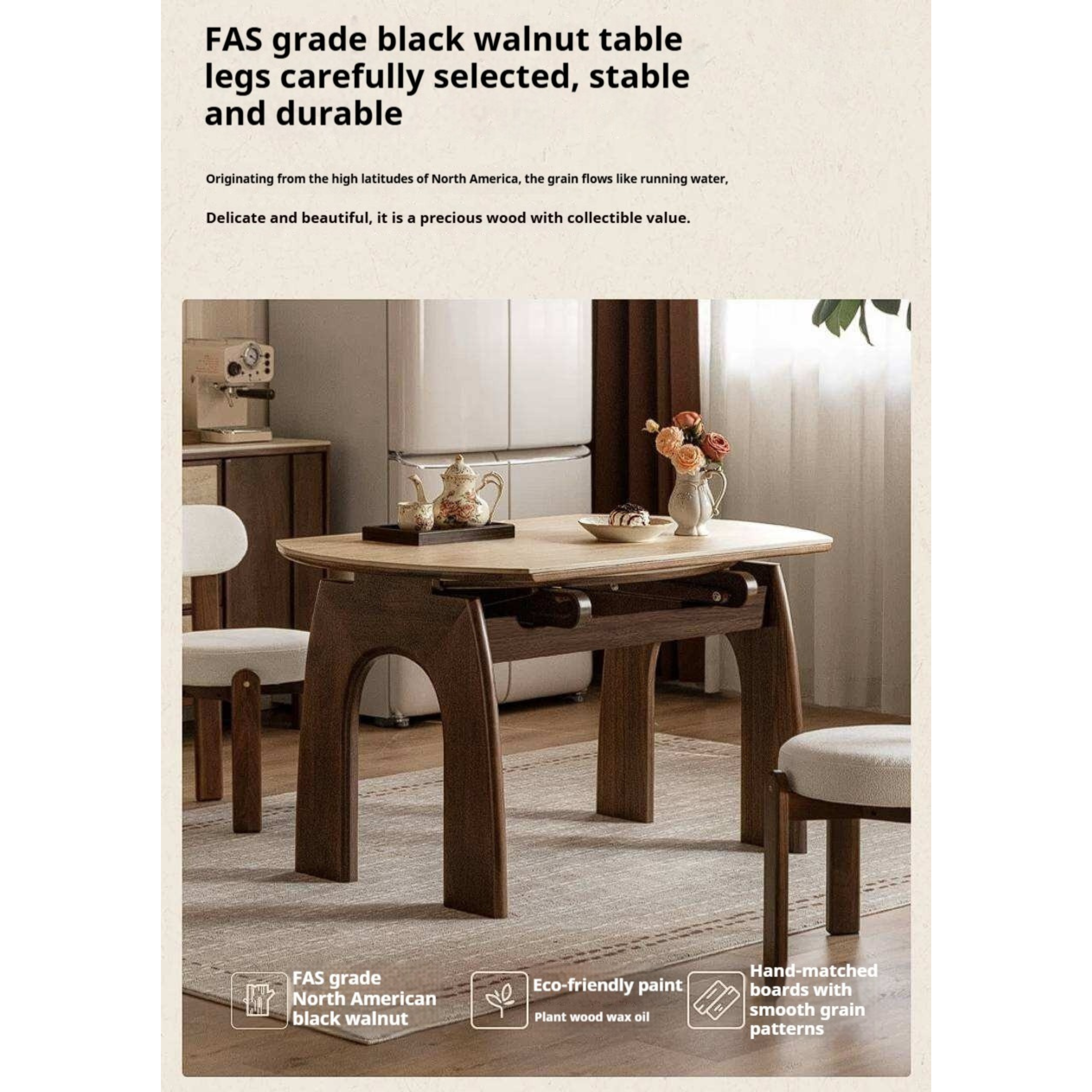 Black Walnut, Ash Solid Wood Extendable Round Dining Table with Curved Legs