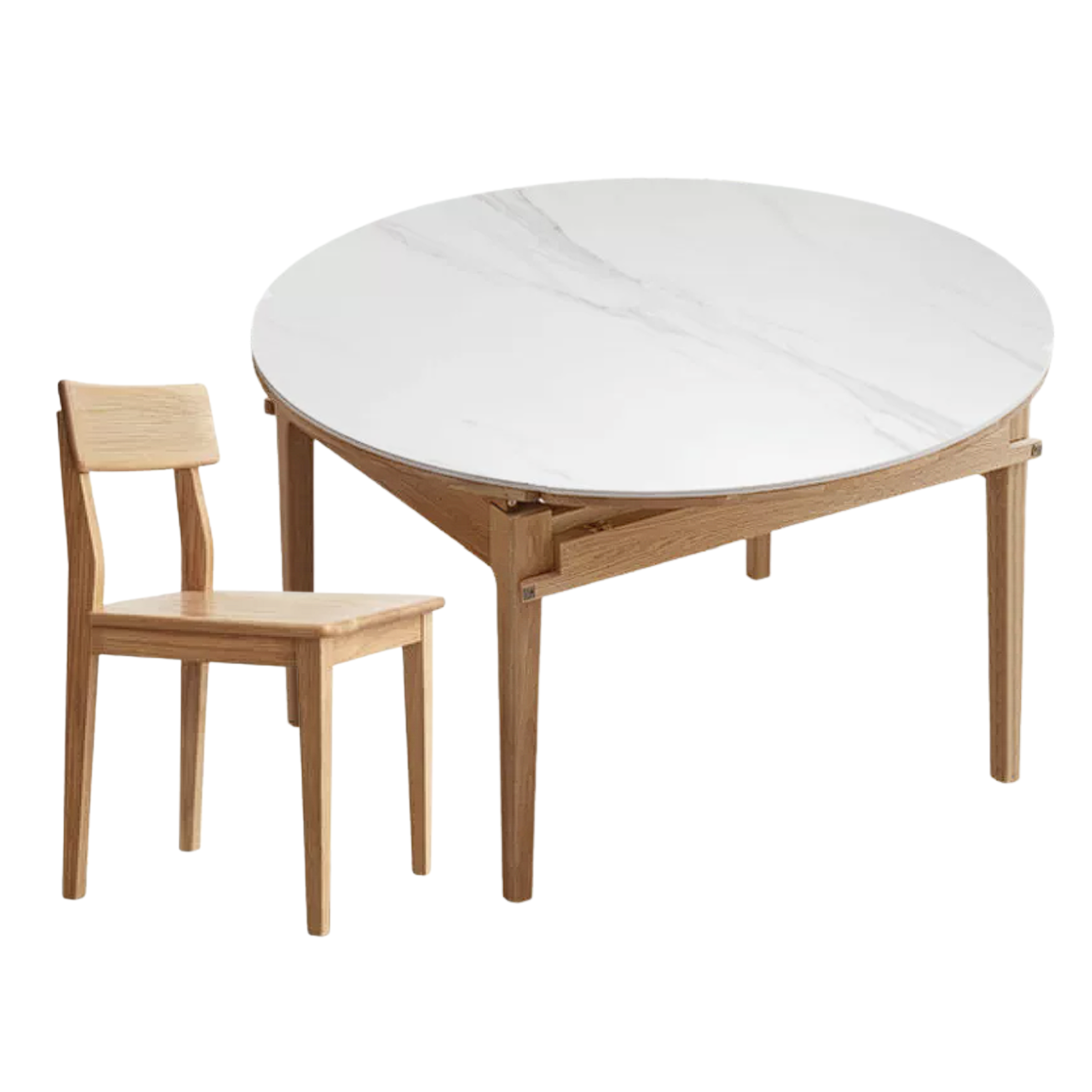 Oak, Solid Rubberwood Round Folding Dining Table With Rock Slab Surface