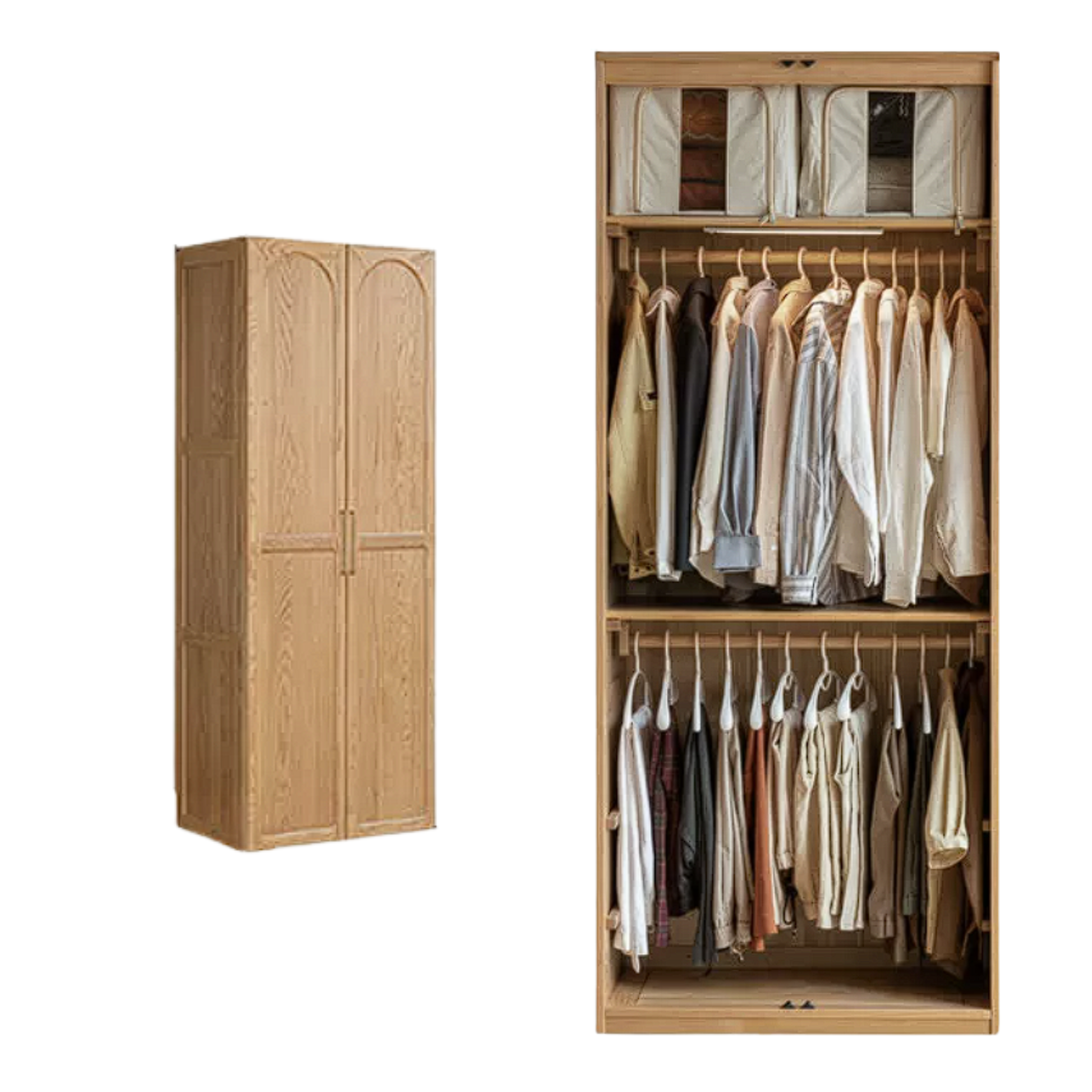 Oak Solid Wood French-Inspired Armoire, Vintage Wardrobe Storage Cabinet