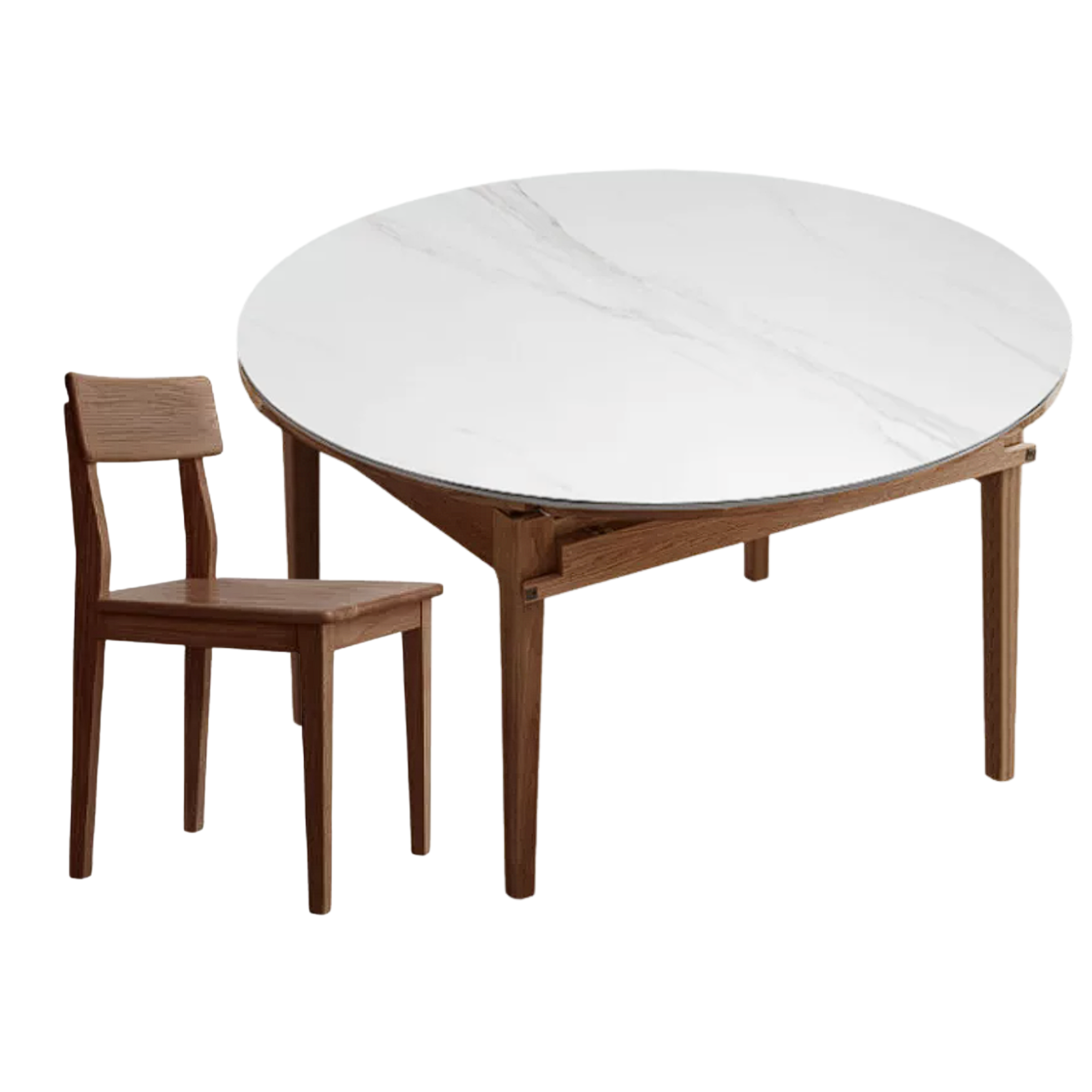 Oak, Solid Rubberwood Round Folding Dining Table With Rock Slab Surface