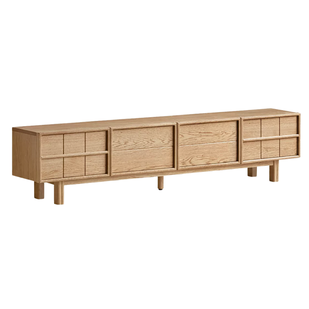 Oak Solid Wood Japandi TV Console with Grid-Panel Doors