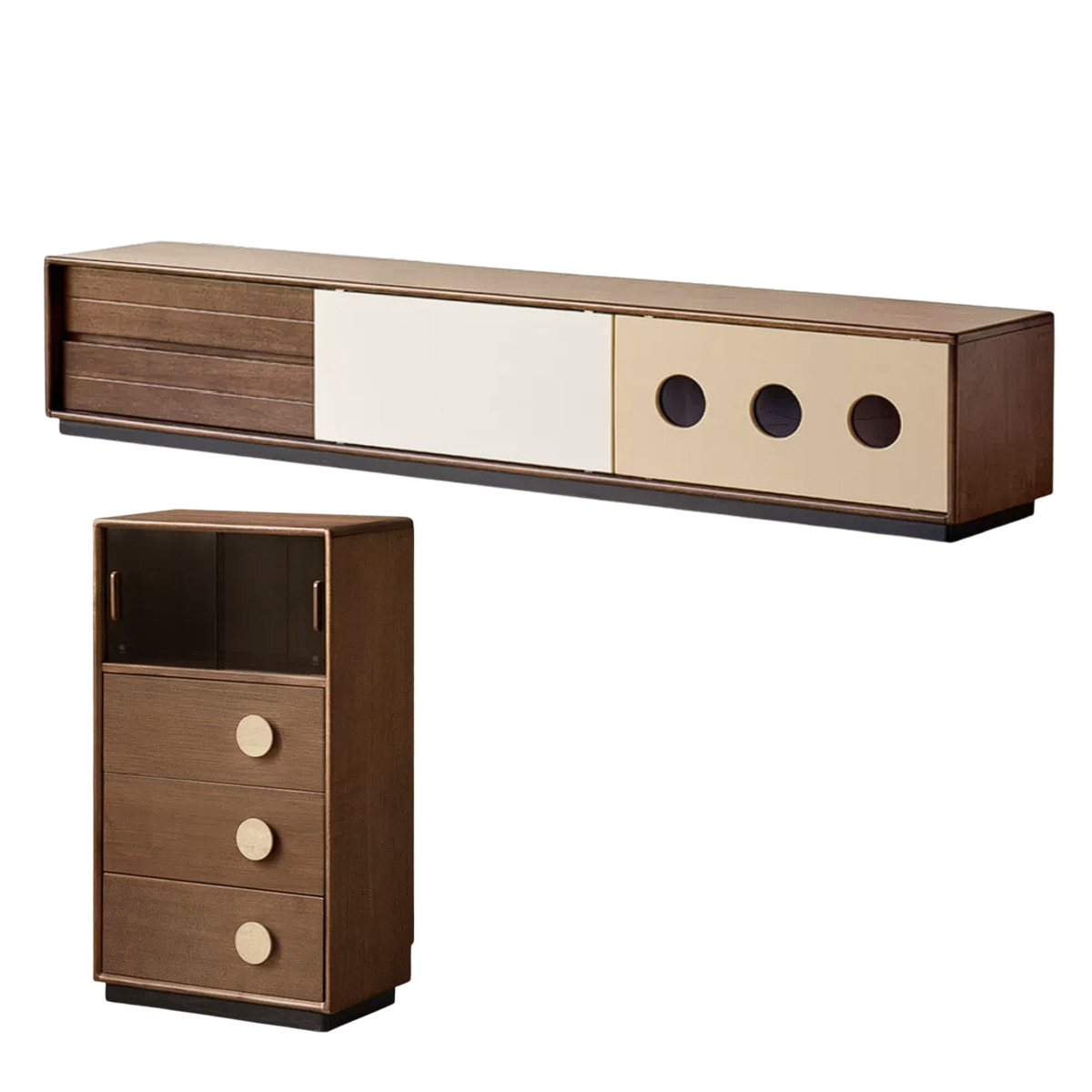 Golden Pearwood Solid Wood Mid-Century TV Stand and Corner Cabinet Set with Color-Block Circle Pulls