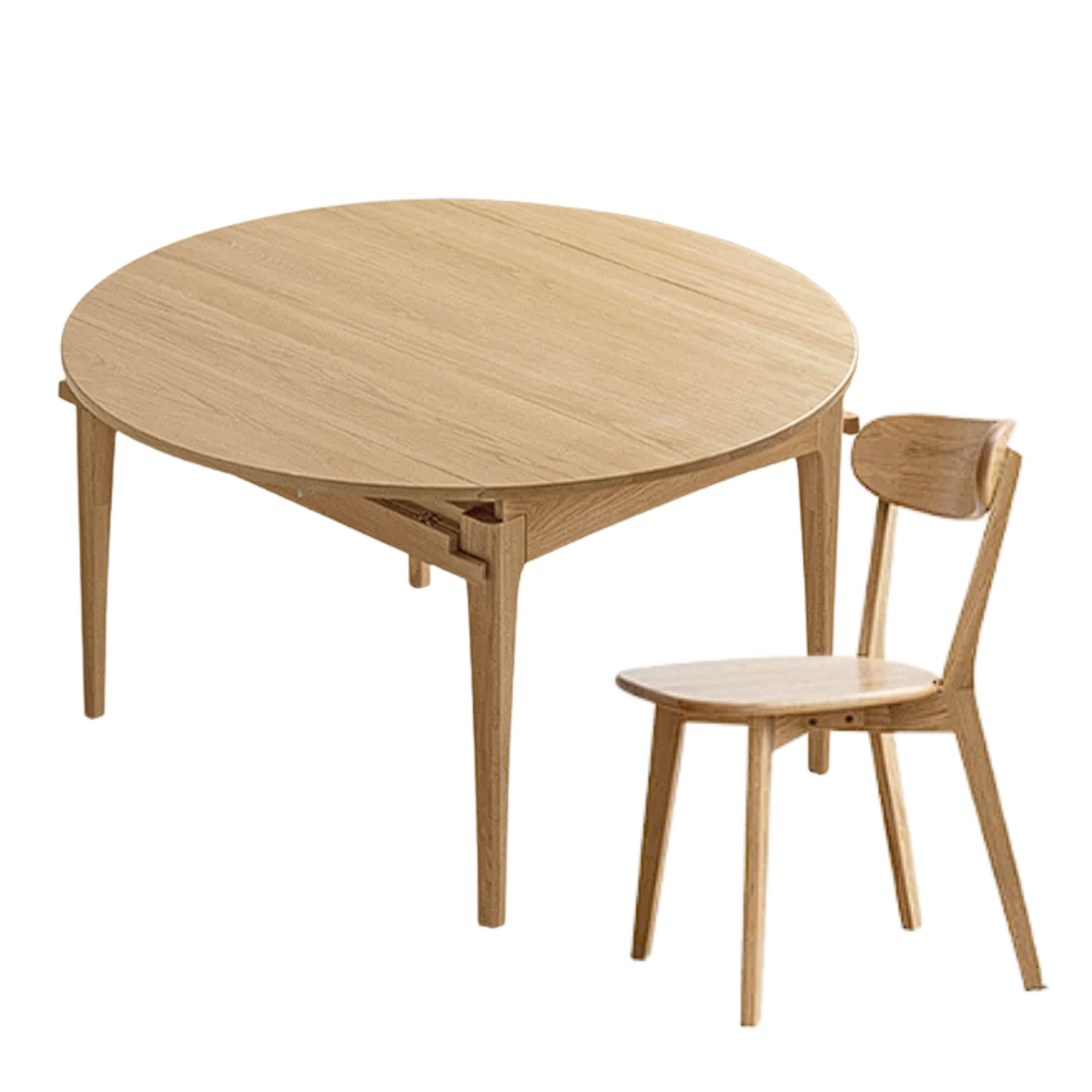 Oak Solid Wood, Solid Rubberwood Folding Round Retractable Dining Table