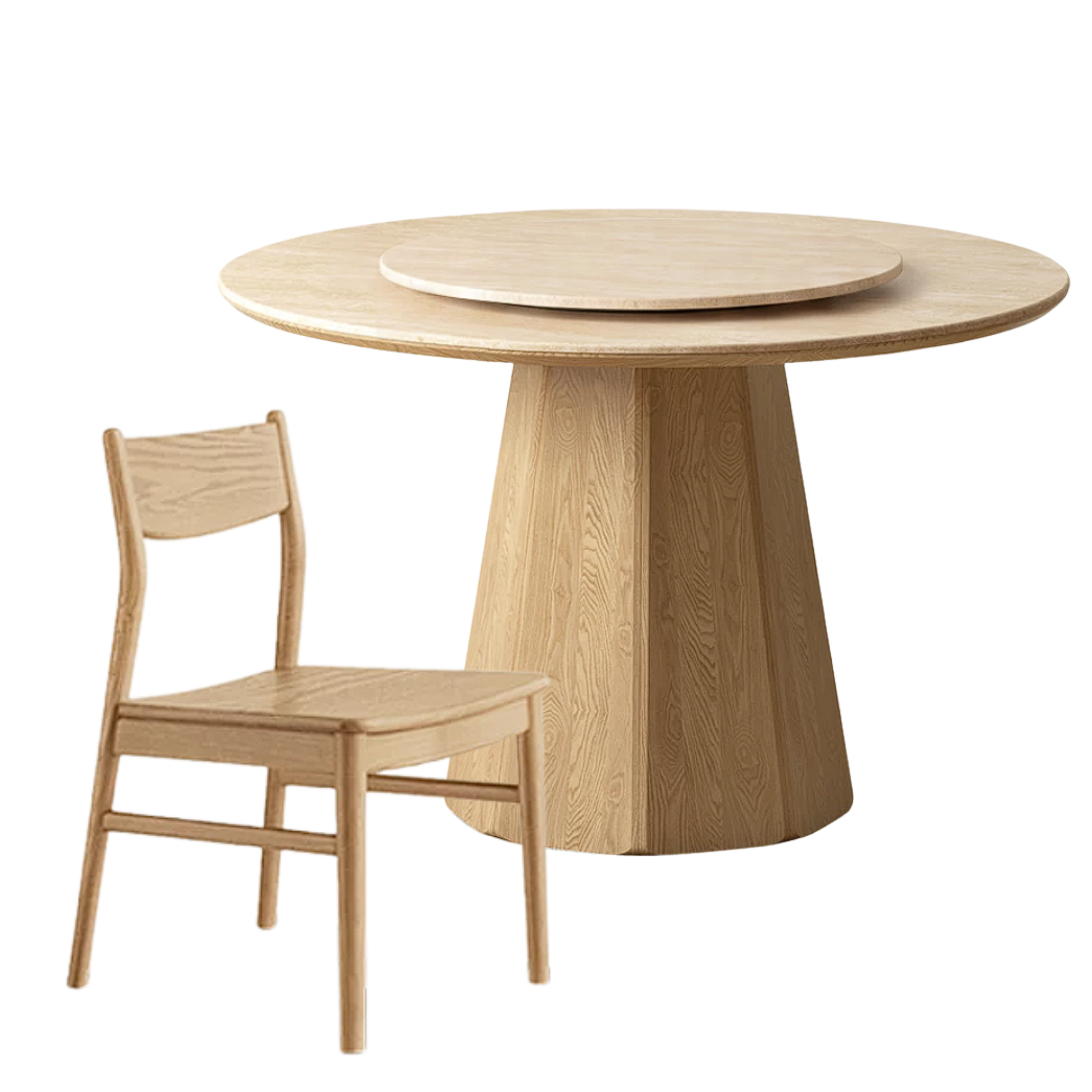 Ash Solid Wood Round Dining Table with Fluted Pedestal Base