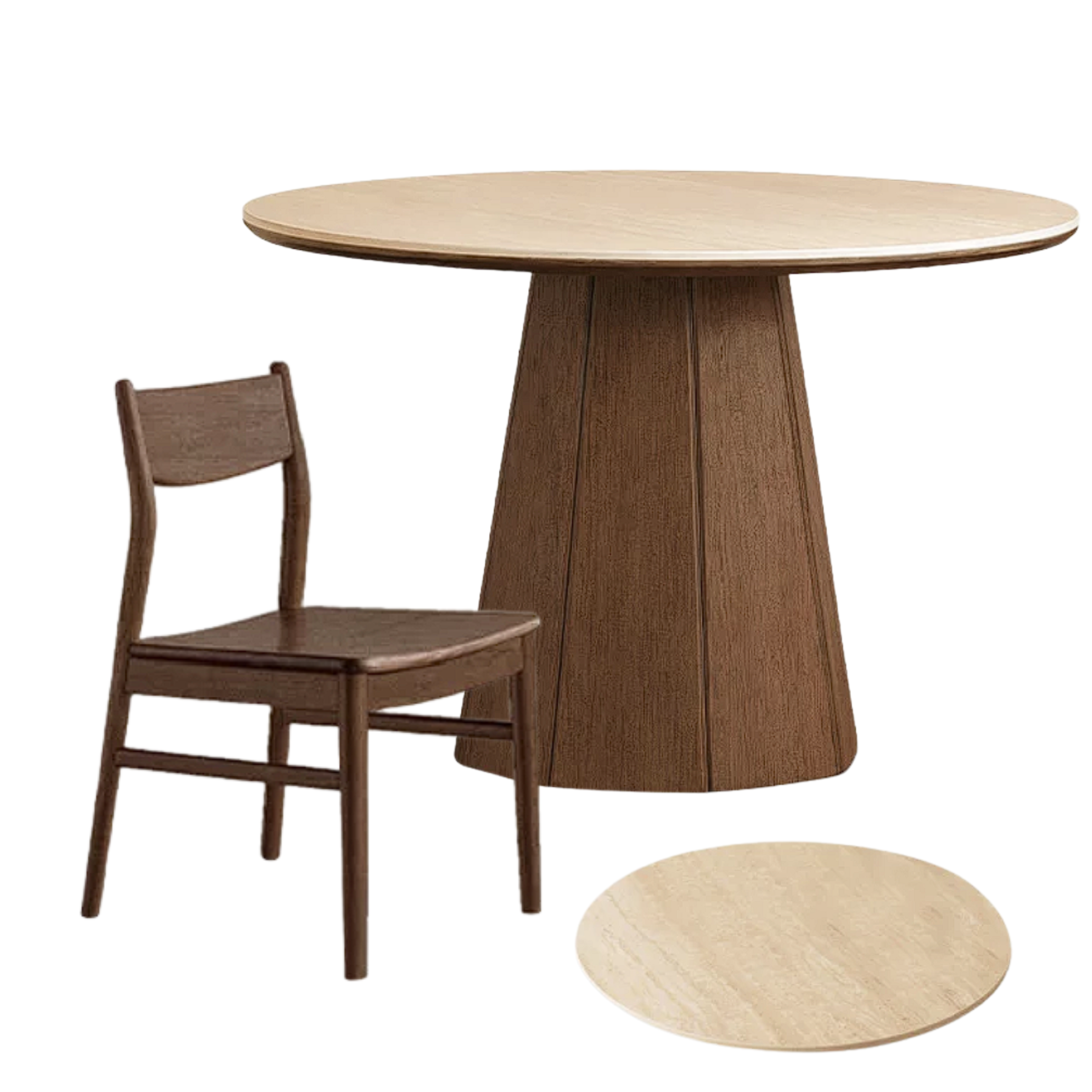 Black Walnut, Ash, Golden Pearwood Solid Wood Round Dining Table with Fluted Cone Pedestal Base