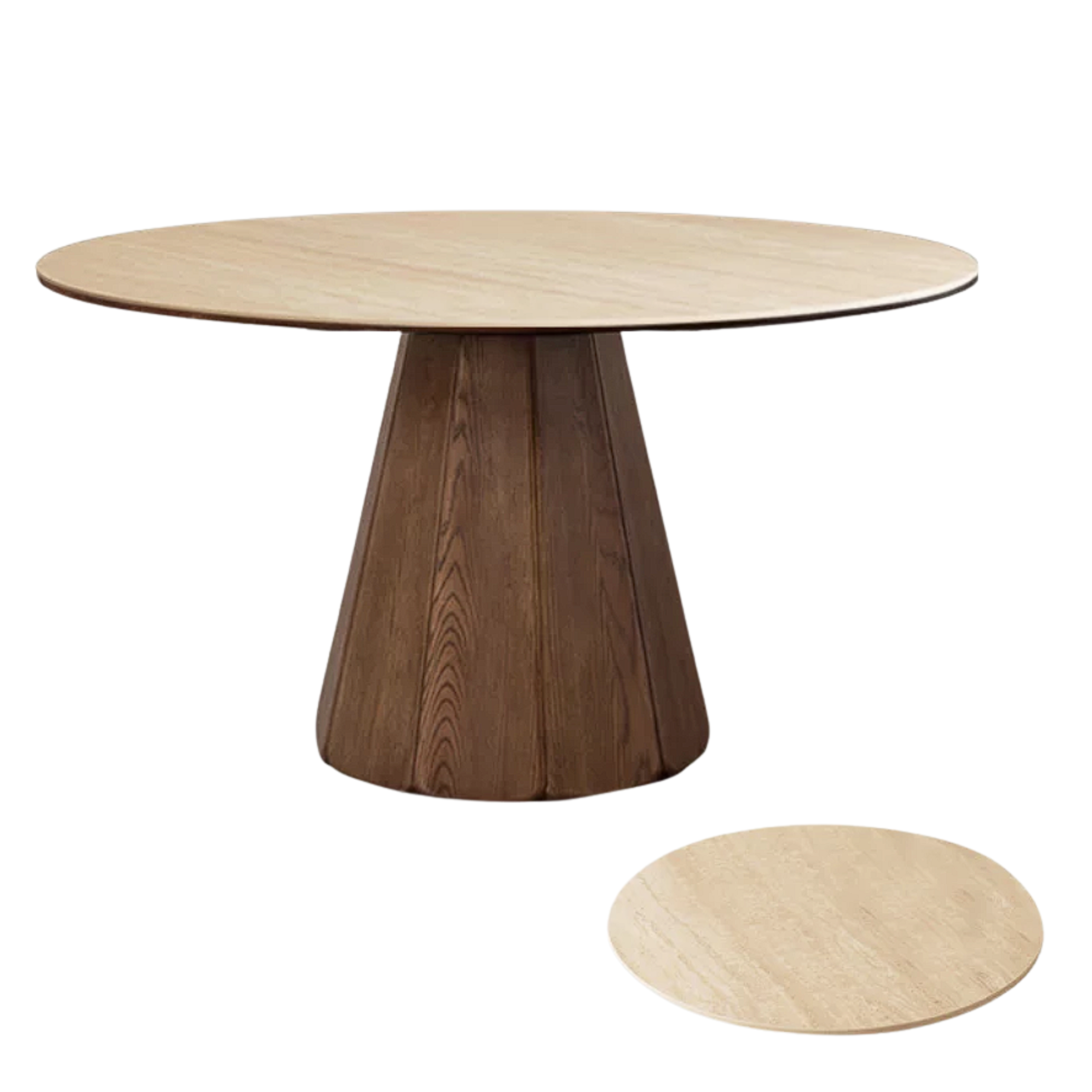 Black Walnut, Ash, Golden Pearwood Solid Wood Round Dining Table with Fluted Cone Pedestal Base