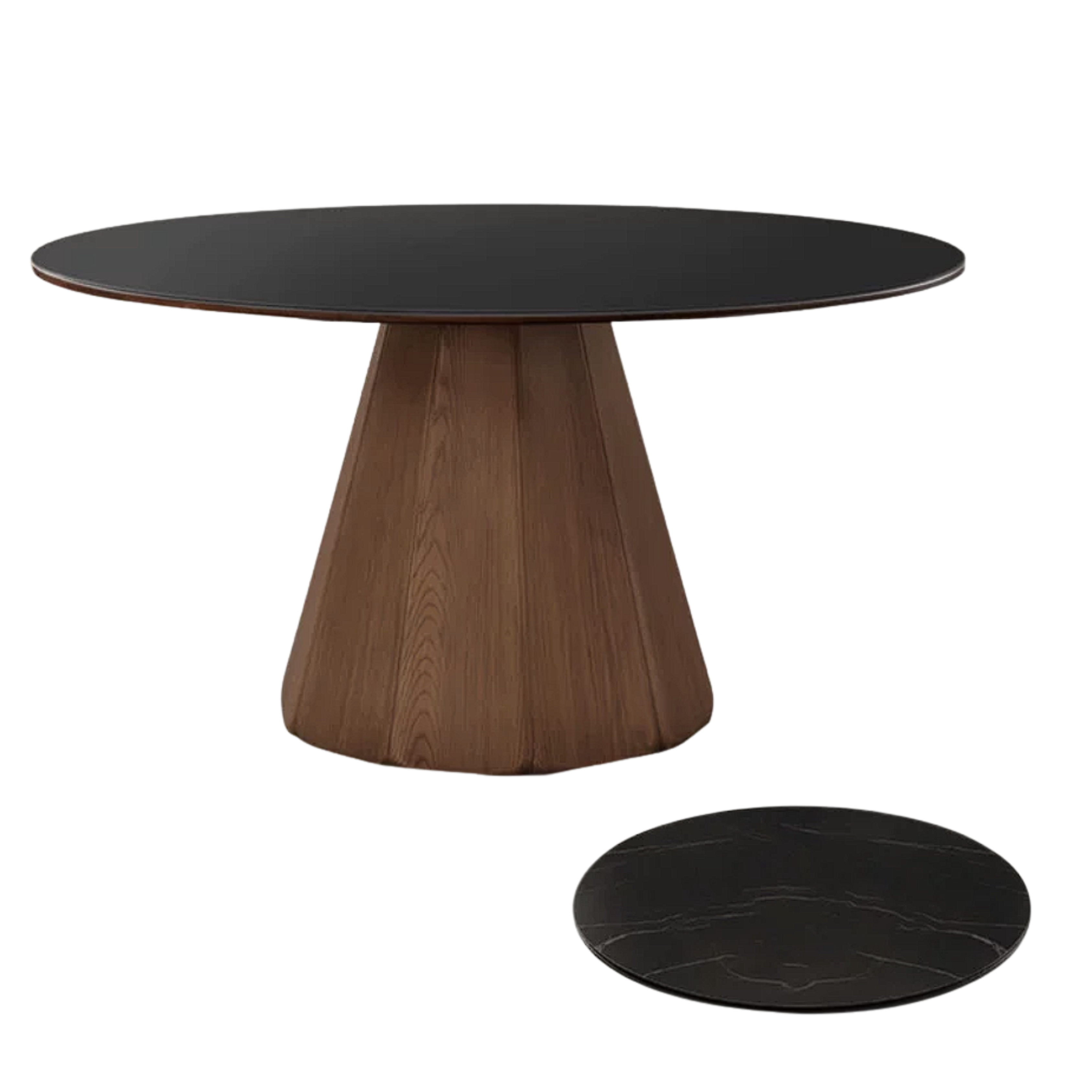 Black Walnut, Ash, Golden Pearwood Solid Wood Round Dining Table with Fluted Cone Pedestal Base