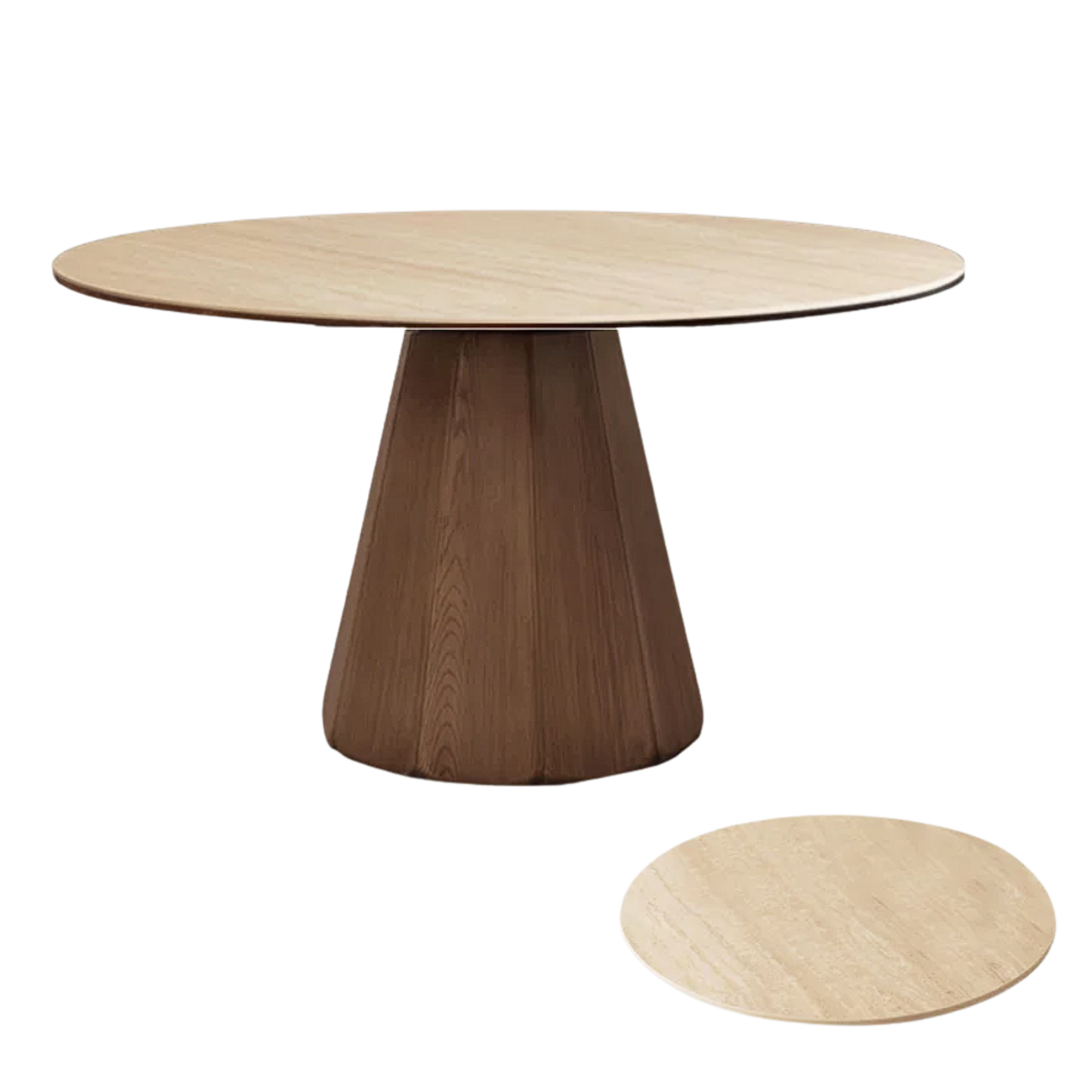 Black Walnut, Ash, Golden Pearwood Solid Wood Round Dining Table with Fluted Cone Pedestal Base