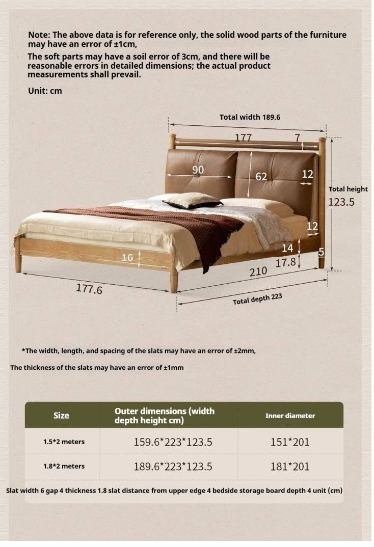 Ash Solid Wood Bed with Plush Genuine Leather Cushioned Headboard