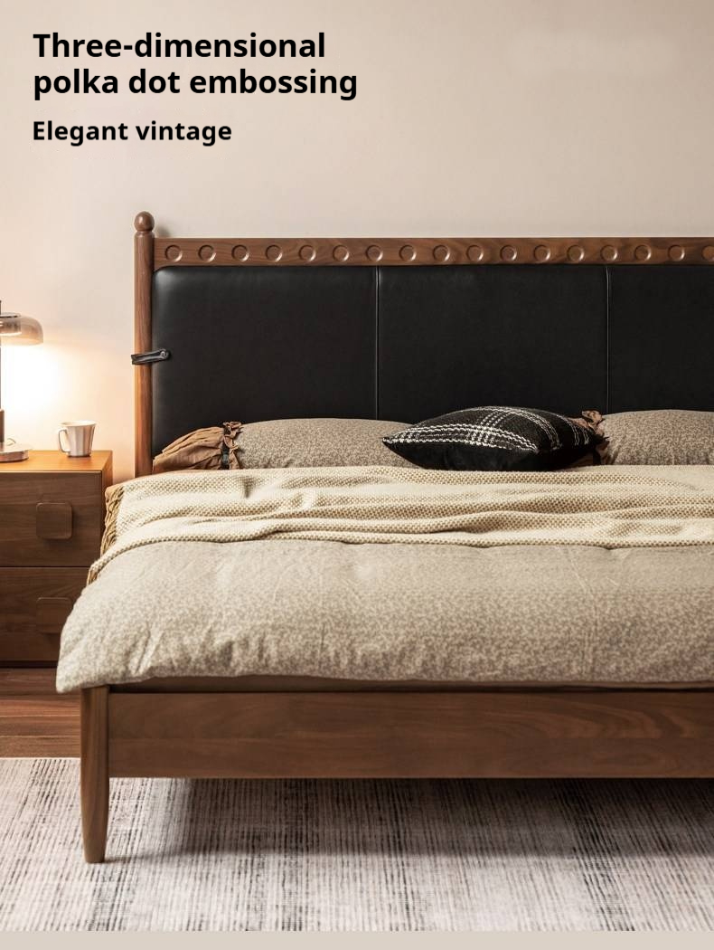 Black Walnut Solid Wood Bed — French Retro Style with Soft Backrest and Genuine Leather Upholstery