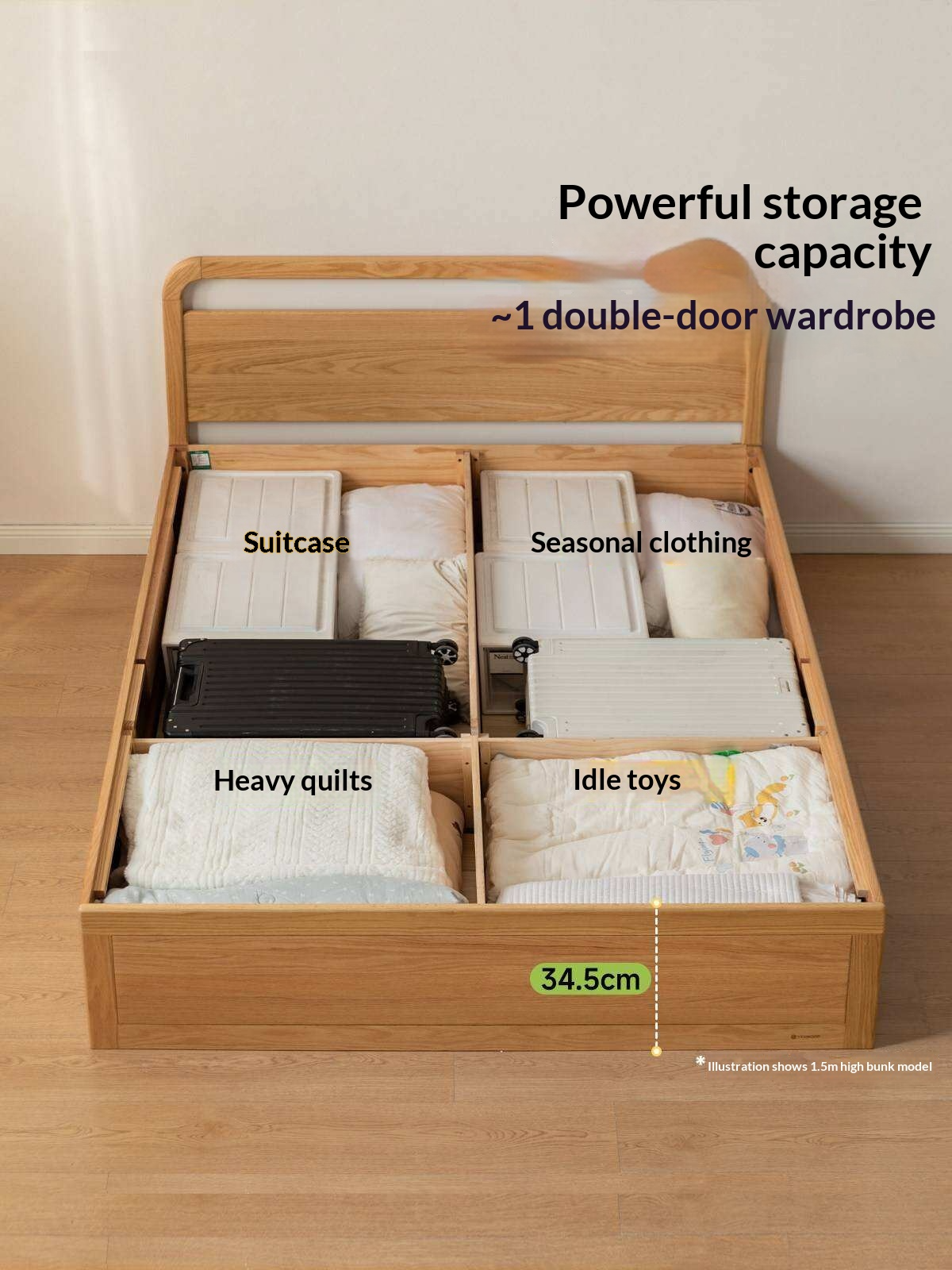 Oak, Rubberwood Solid Wood Storage Bed with Adjustable Height and Gas Lift