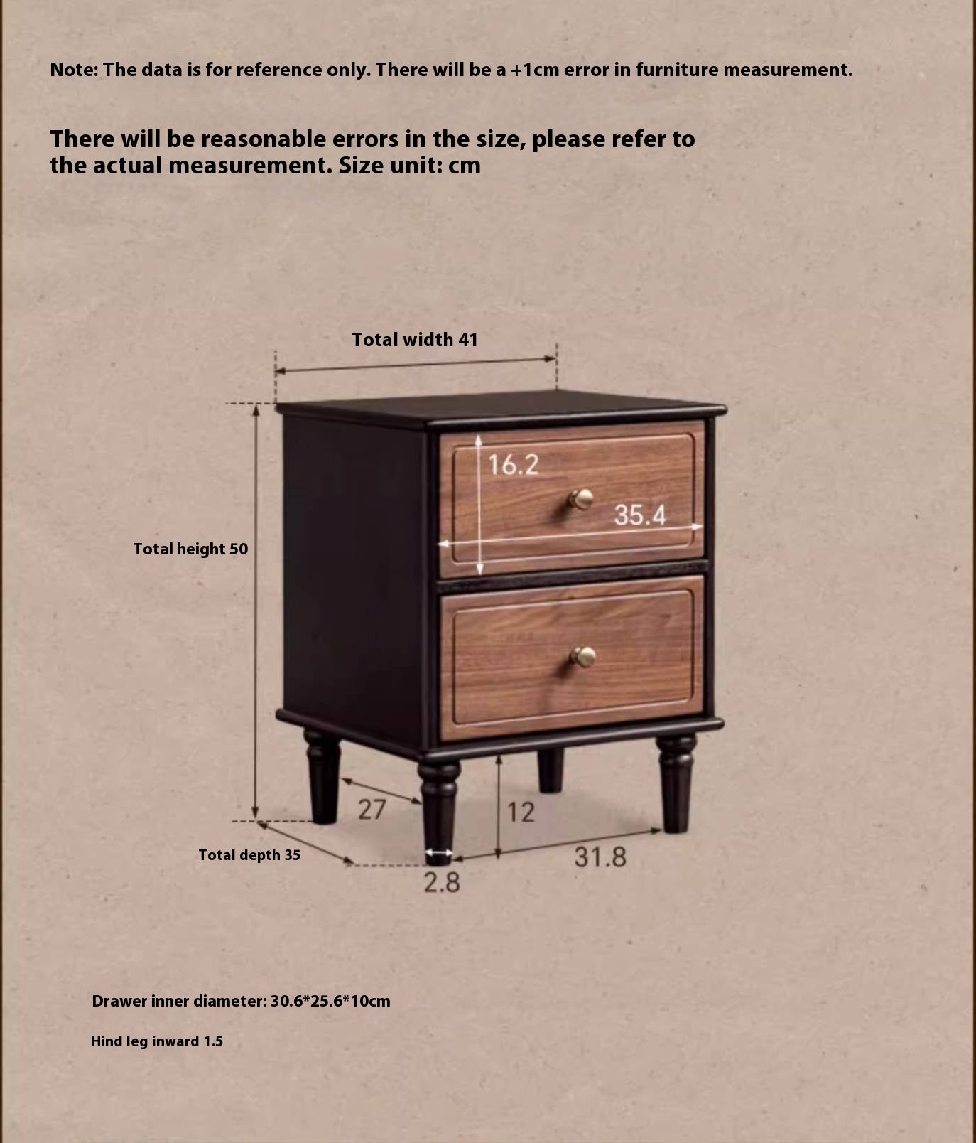 Black Walnut, Solid Rubberwood American Retro Style Nightstand