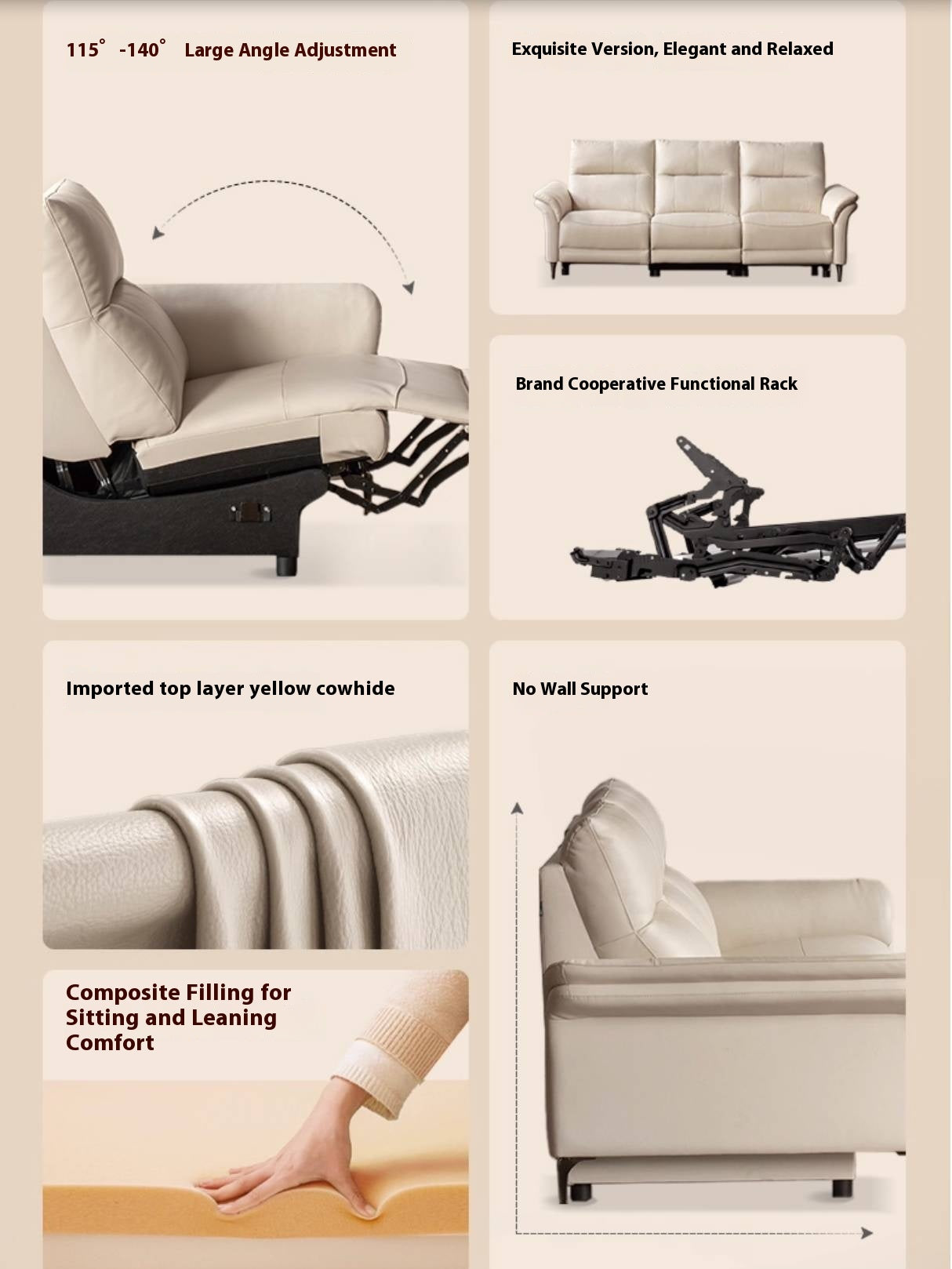 Pine Solid Wood Leather Sofa Cream Style Functional Electric