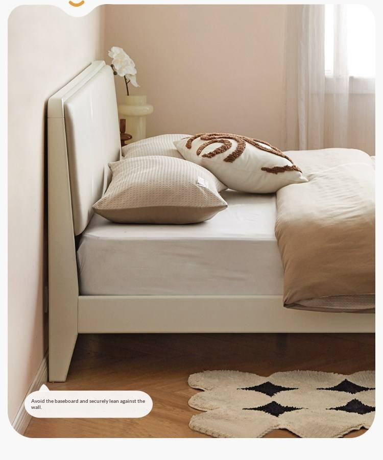 Pine Solid Wood Upholstered Bed — Modern Minimalist White Design, Light Luxury with Organic Leather