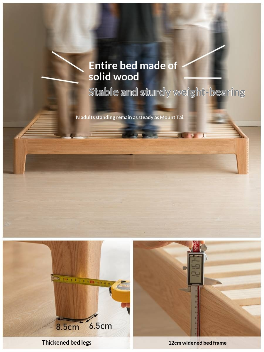 Oak Solid Wood Bed with Genuine Leather and Light Upholstery