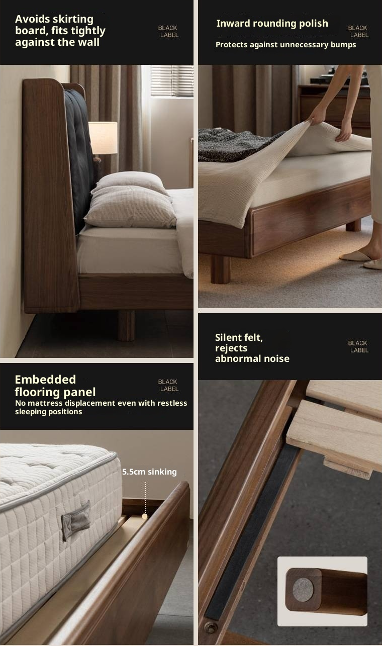 Black Walnut Solid Wood Italian Light Luxury Genuine Leather Soft Bed