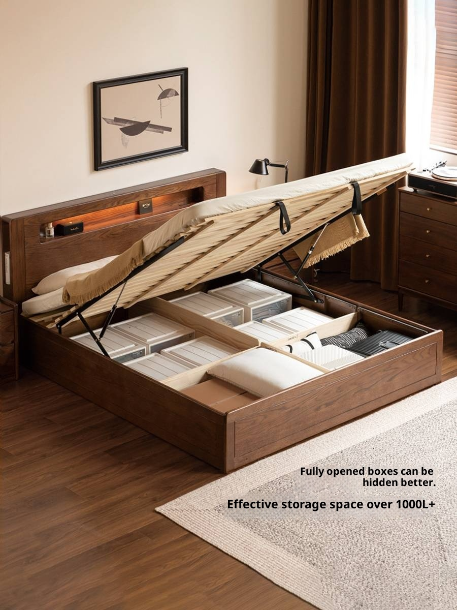 Oak Solid Wood Modern Minimalist Multifunctional with Light Box Bed