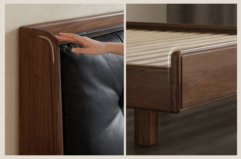 Black Walnut Solid Wood Italian Light Luxury Genuine Leather Soft Bed
