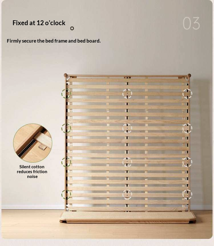 Oak Solid Wood Platform Bed with Curved Rattan Headboard