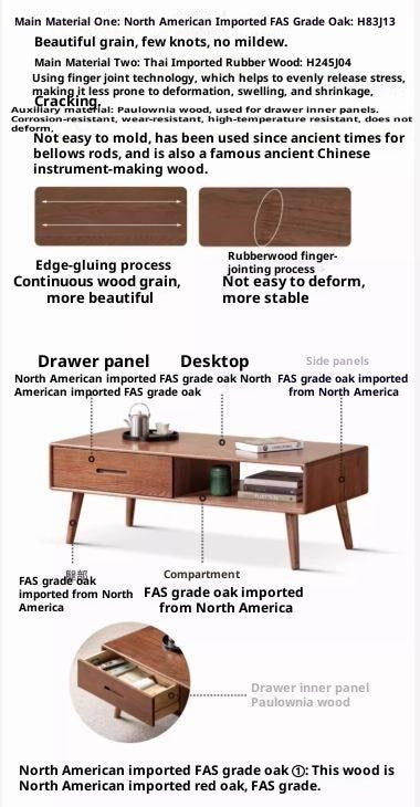 Oak, Solid Rubberwood Two-Drawer Coffee Table Walnut Color