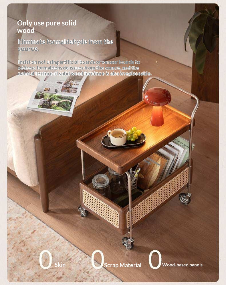Oak Solid Wood Side Table with Double Layer Storage and Mobile Trolley