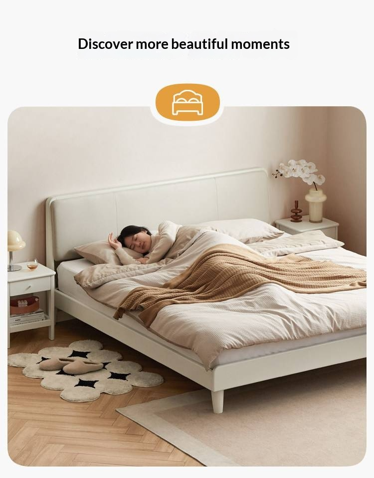 Pine Solid Wood Upholstered Bed — Modern Minimalist White Design, Light Luxury with Organic Leather