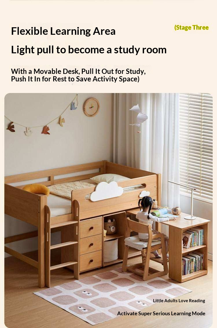Beech Solid Wood Children's Loft Bed with Under-Table and Storage