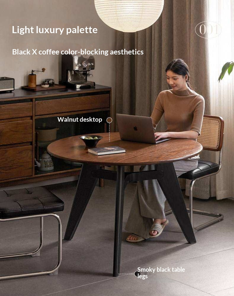 Oak Solid Wood Round Dining Table with Walnut-Stained Base