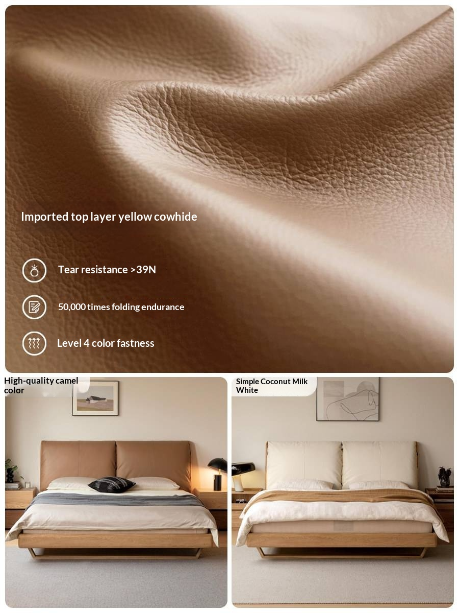 Oak Solid Wood Bed — Modern Minimalist Style with Genuine Leather and Floating Design