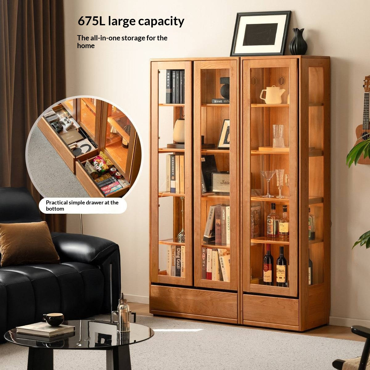 Cherry Solid Wood Bookcase with Glass Display Cabinets