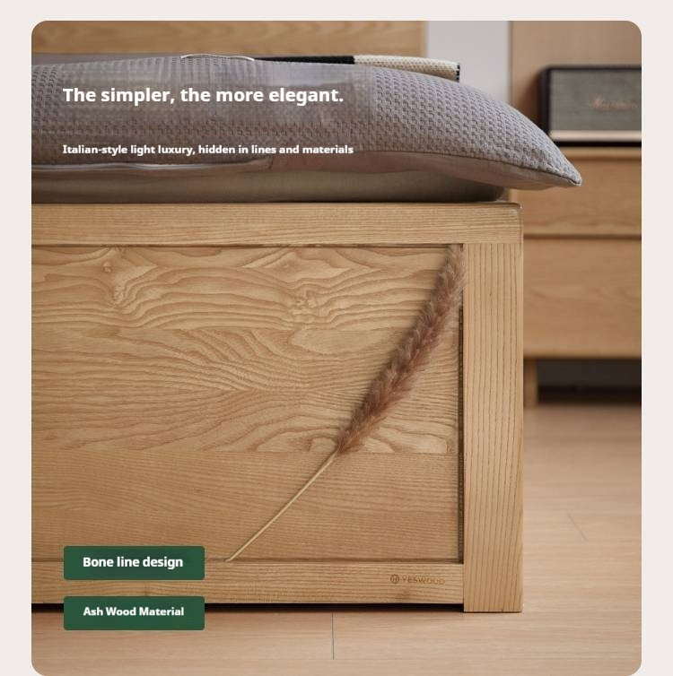 Ash Solid Wood Bed — Slab Design, Home Italian Light Luxury Box Bed