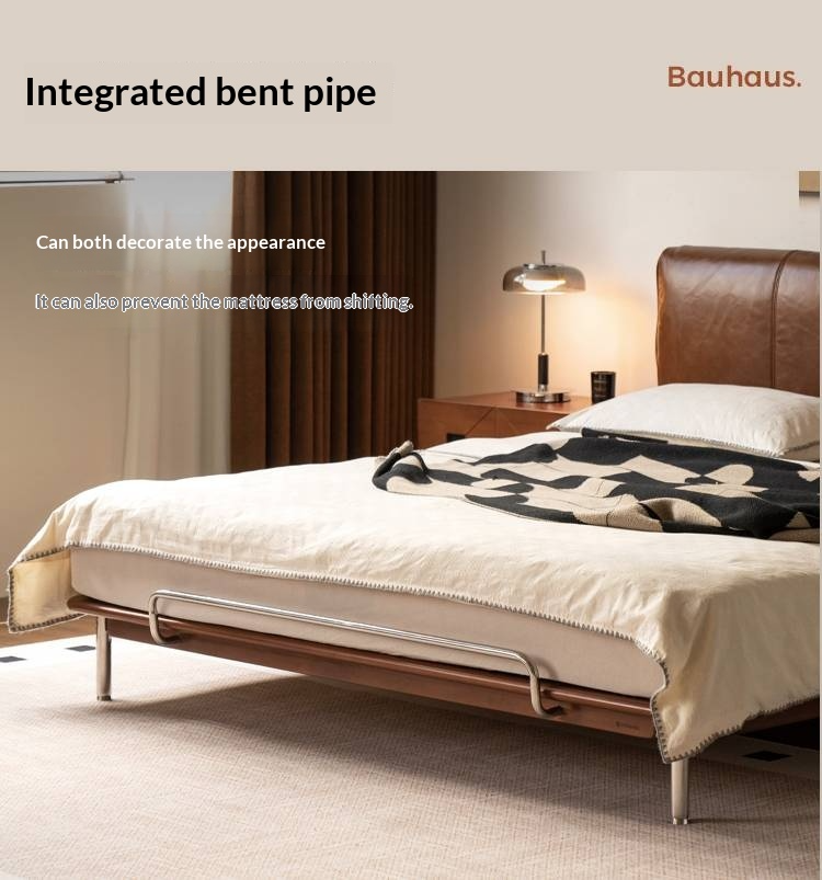 Genuine Leather Bauhaus Style Double Bed with Top Grain Cowhide Soft Backrest