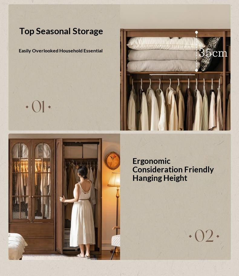 Black Walnut Solid Wood Wardrobe with French Retro Style and Double Doors