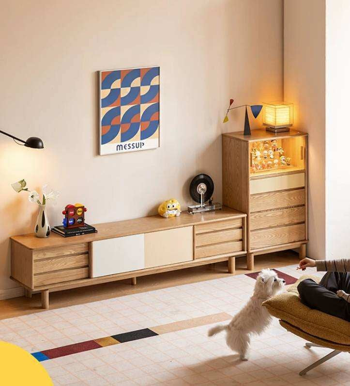 Ash Solid Wood TV Cabinet with Color Block Storage Design