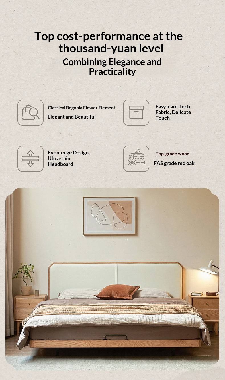 Oak Solid Wood Upholstered Bed — Modern Minimalist Design with Flush Edges